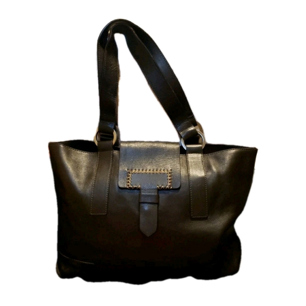 Falor Dk Brown Italian Leather Tote Bag Butter Soft  Suede Lining Double Handle
